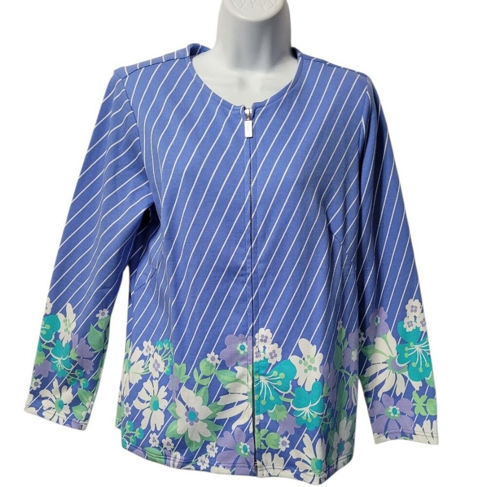 Bob Mackie Wearable Art Jacket Full Zip Size M Womens Blue Stripe Floral Vtg NWT